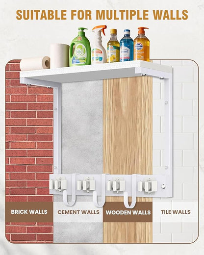 Supforce Small Broom Holder Wall Mount with Cleaning Supplies Organizer, White