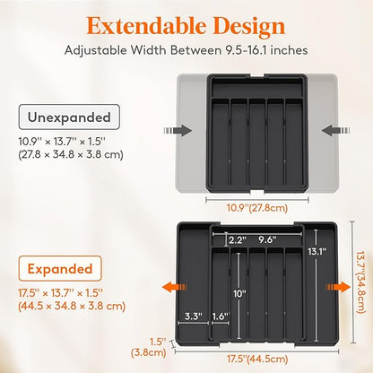 Lifewit Silverware Drawer Organizer, Expandable Utensil Tray for Kitchen, BPA Free Flatware and Cutlery Holder, Adjustable Plastic Storage for Spoons Forks Knives, 11-18 x 14", Black
