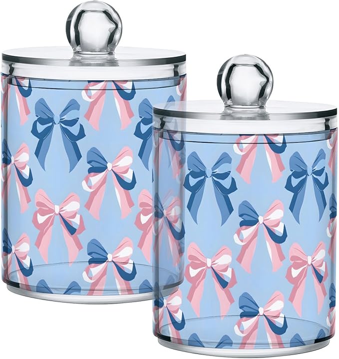 4 Pack Qtip Holder Dispenser Pink Bow Blue Pattern Cotton Ball Swab Round Pads Floss Clear Bathroom Storage Containers Plastic Apothecary Jars with Lids