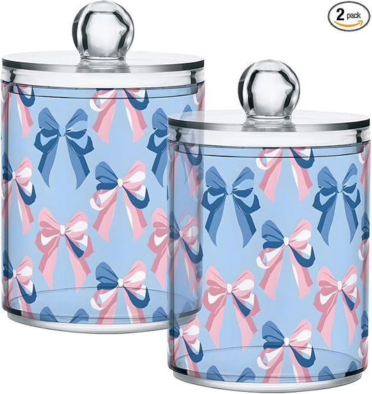 2 Pack Qtip Holder Dispenser for Cotton Ball Pink Bow Blue Pattern Swab Round Pads Clear Plastic Acrylic Jar Set Bathroom Canister