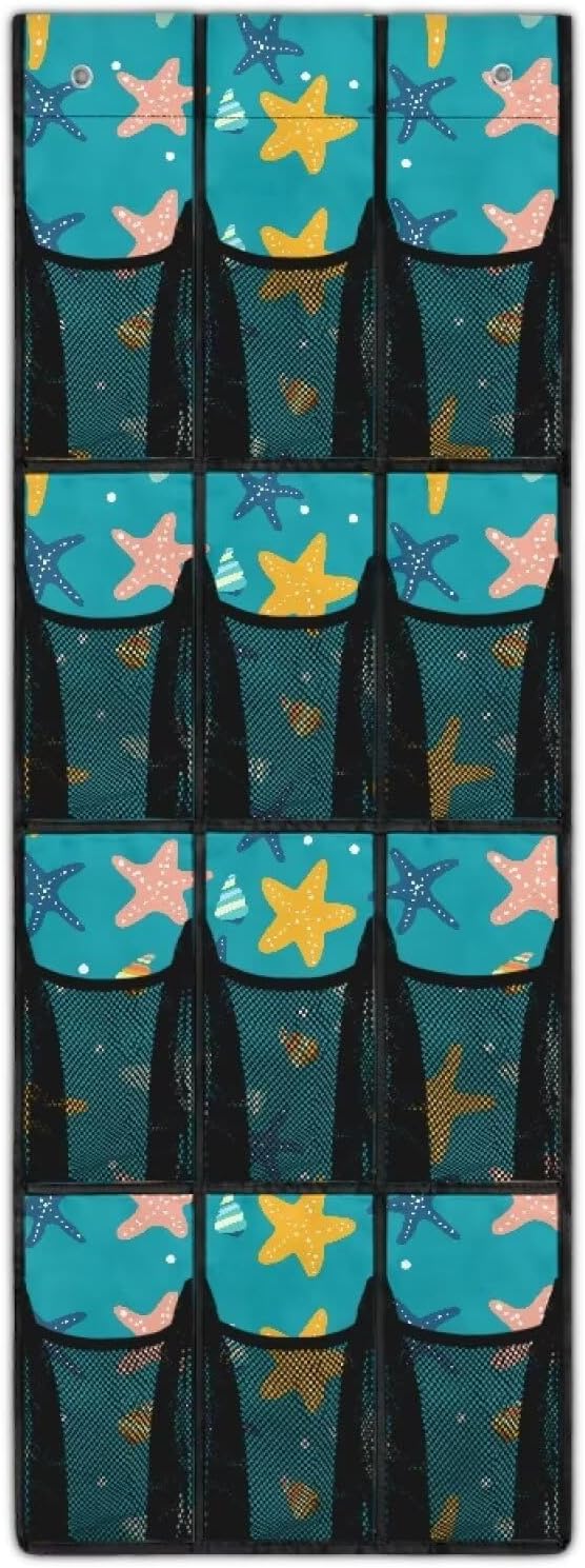 Starfish Over the Door Organizer Bathroom Door Storage for Toiletries 4 Shelf 12 Mesh Pockets Shoe Rack for Closet Door Easy to Install Hanging Storage Bag for Toys Snacks Shoes