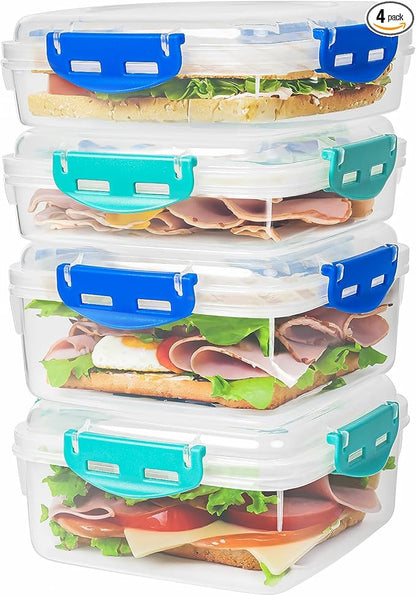 4 PCS Sandwich Containers - 100% Airtight & BPA-Free & Microwave & Dishwasher Safe Kitchen Storage Containers with Upgraded Snaps, 2 heightened Containers for Lunch Boxes and 2 normal version