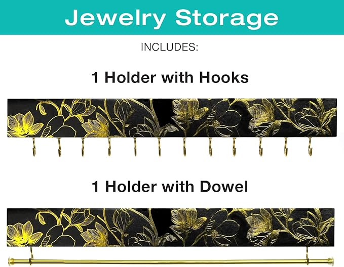 2 Piece Fashion Jewelry Holder Set (Black and Gold Floral)