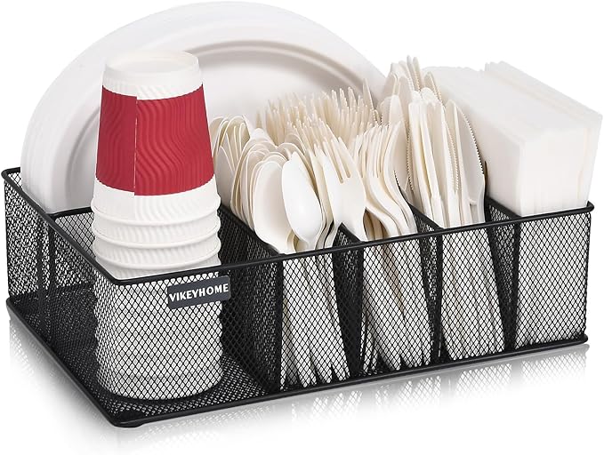 VIKEYHOME Paper Plate Organizer for Countertop, Metal Silverware Caddy with 6 Compartments for Cup, Napkin, Utensil Holder Caddy for Party, Camping, Picnic