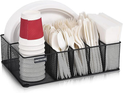 VIKEYHOME Paper Plate Organizer for Countertop, Metal Silverware Caddy with 6 Compartments for Cup, Napkin, Utensil Holder Caddy for Party, Camping, Picnic