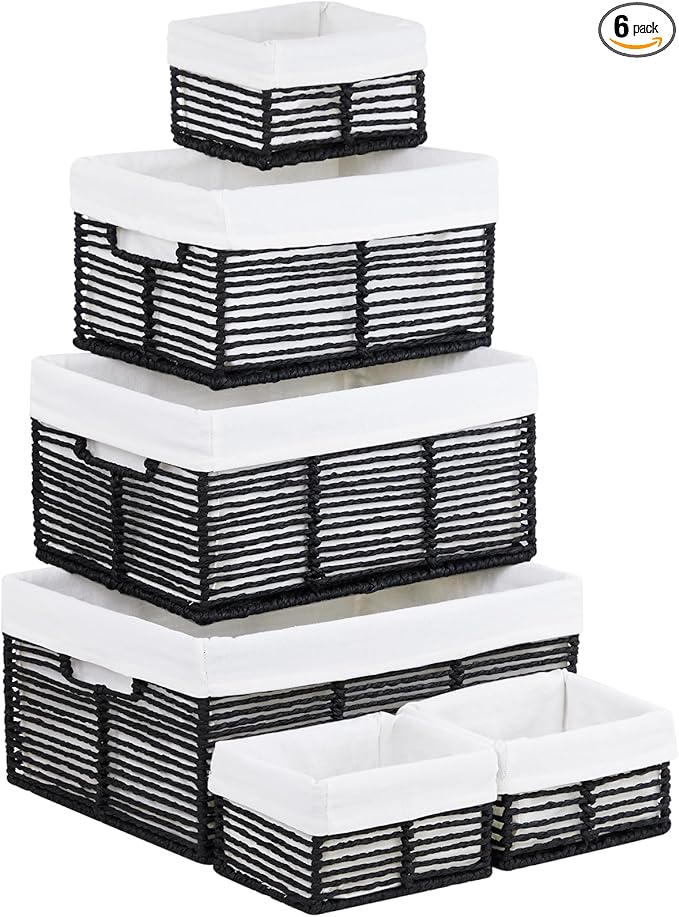 Vagusicc Wicker Storage Basket, 6 Pack Baskets for Organizing, Wicker Baskets with Handle, Rectangular Woven Basket for Storage Shelves, Cube Storage Bins for Closet/Clothes/Dresser, Black
