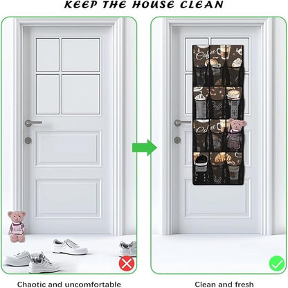 Versatile 12-Pocket Behind The Door Hanging Organizer, Made of Oxford Cloth, Waterproof Foldable and Perfect for Bathroom Bedroom Closet Storage, Coffee Print