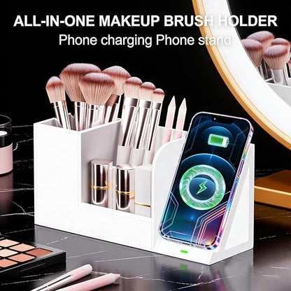 LADSTAG Makeup Brush Holder Organizer with Phone Charging Stand Leather Cosmetic Cup for Perfume, Nail Polish, Lipstick & Art Supplies | Vanity, Bathroom & Desktop Organizer