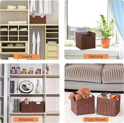 Vagusicc Wicker Storage Basket, Set of 2 Hand-Woven Storage Baskets for Shelves, Foldable Cube Storage Baskets Bins with Handles, 9 inch Small Wicker Baskets for Organizing Pantry Bedroom, Brown