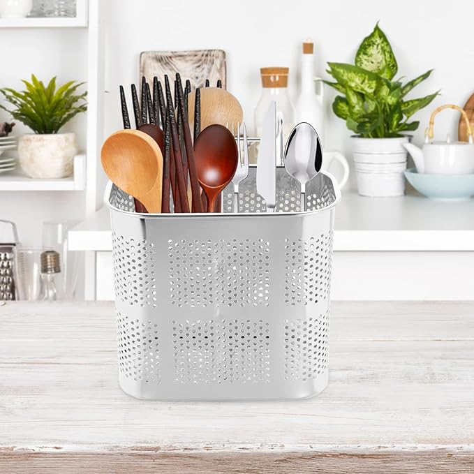 UPKOCH Hanging Chopstick Holder Kitchen Utensil Drying Rack with Drain Holes 2-Compartment Flatware Organizer for Chopsticks Forks and Spoons 6.29X5.11X2.75 Inch