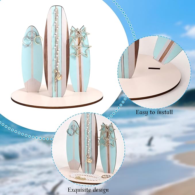 Surfboard Jewelry Holder Stand, Wooden Ocean Beachy Themed Necklace Bracelet Organizer Coastal Beach Christmas Decor Accessories for Women Hawaii Surfer Room Gift (Blue)