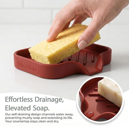 MicoYang Silicone Bathroom Soap Dishes with Drain Spout-Bathroom and Kitchen Sink Organizer,Sponge Holder,Dish Soap Tray,Perfect for Dispenser,Scrubber,Bottle,Cup on Sink or Counter-Red 4.9"×3.2"