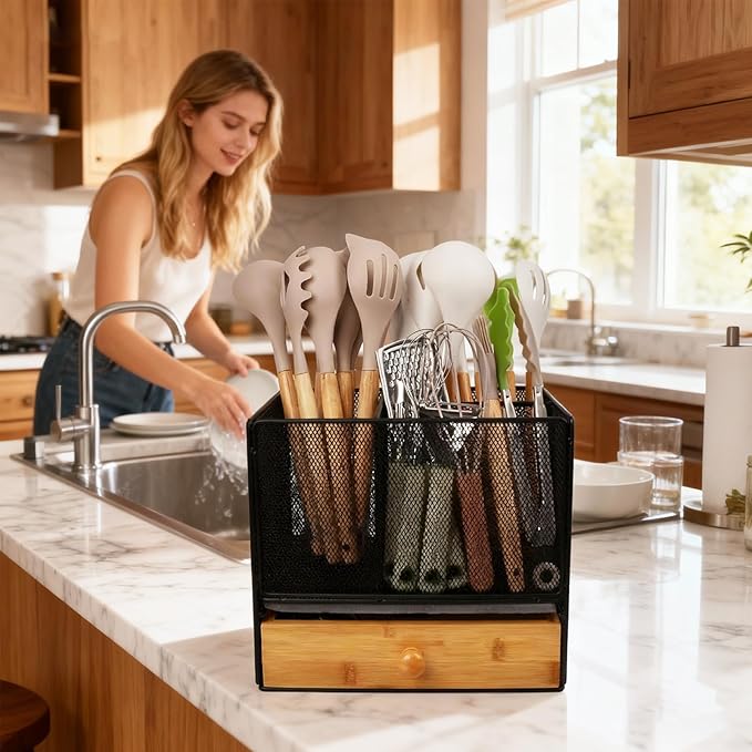 Kitchen Utensil Holder Countertop, Extra Large Utensil Organizer with Drawer, 2-In-1 Utensil & Silverware Holder for Countertop, Kitchen Organizer for Cookware Spatula, with Quick Dry Diatomite Base
