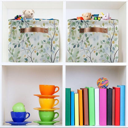 Green Leaves Branches Storage Basket Decorative Fabric Basket Bins Foldable Shelf Closet Basket Storage Box Cube With Handle Organizer Basket For Kids Toys Clothes Bedroom Nursery