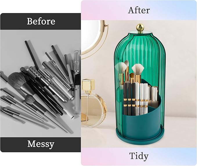 Makeup Brush Holder with Lid 360 Rotating Makeup Brush Organizer, Dustproof Waterproof Material & with 3 Compartments for Organized Storage, Dressing Tables Clear Storage Skincare Cosmetic (Green)