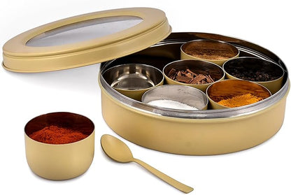 Elan 7 Compartment Multipurpose Air-Tight Stainless Steel See Through Round Colorful Spice Box/Popula Dabba with Lid and Spoon | Daisy Yellow, 1500 ml