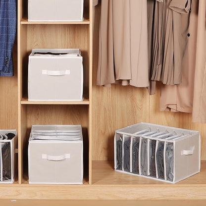 Zilink Upgraded Wardrobe Clothes Organizer with Support Board Clear Pants Organizer for Closet with 7 Grids Divider Extra Large Closet Drawer Organizer for Jean Pant Sweaters T-Shirt, 6 Pack, Beige