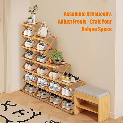YYW Shoe Rack, Foldable Bamboo Shoes Shelf, Freestanding Shoe Storage Organiser for Entryway, Bedroom, Closet, Hallway - Functional, Natural Shoe Rack (Original, 5 Layers)