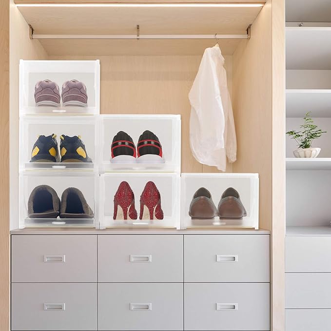 AJP Distributors 6-Pack Push-Pull Drawer Type Stackable Shoe Storage Container Box Organizer with 120° Lids for Home Closet & Entryway Sneakers Shoes Cabinet Bins Transparent Plastic Boxes Set (Clear)