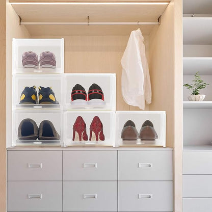 AJP Distributors 6-Pack Push-Pull Drawer Type Stackable Shoe Storage Container Box Organizer with 120° Lids for Home Closet & Entryway Sneakers Shoes Cabinet Bins Transparent Plastic Boxes Set (Clear)