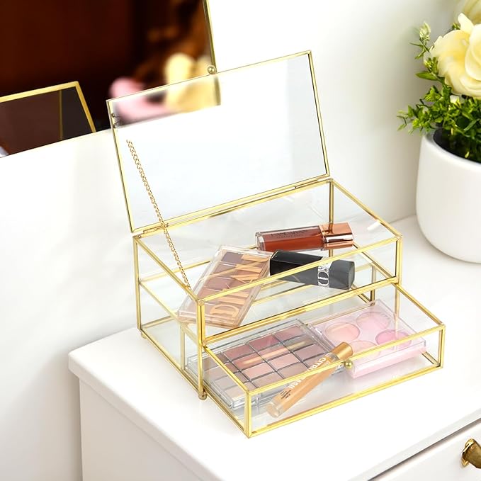 ZEXALOR 2-Tier Vintage Clear Desk Organizer with Drawer,Gold Decorative Storage Boxes,Jewelry Holder Display Tray Trinket Boxes Glass Memory Keepsake Box Dresser Vanity Wedding Decor Gifts(Gold)