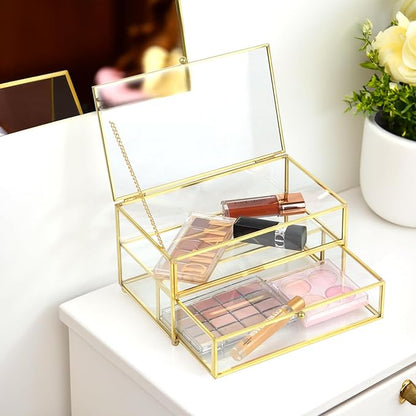 ZEXALOR 2-Tier Vintage Clear Desk Organizer with Drawer,Gold Decorative Storage Boxes,Jewelry Holder Display Tray Trinket Boxes Glass Memory Keepsake Box Dresser Vanity Wedding Decor Gifts(Gold)