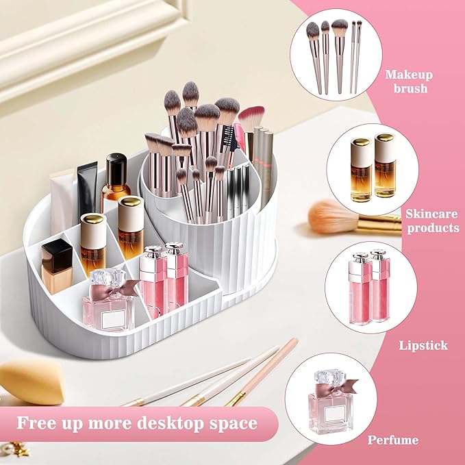 Makeup Organizer with Rotating Brush Holder Vanity Organizer Cosmetic Storage for Dresser Bathroom Countertop Organizer for Vanity, Cosmetic Display Case for Lipstick, Skincare, Brushes, Eyeshadow