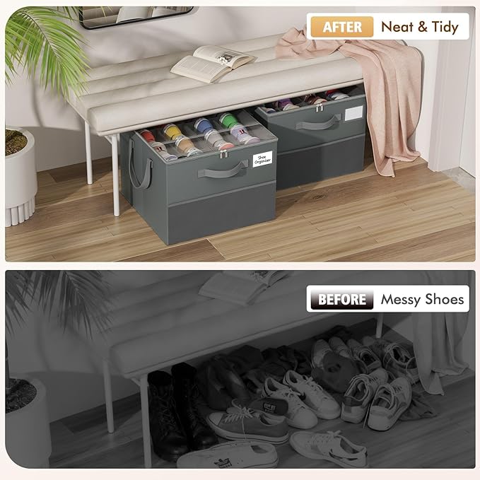 NestOrganix 2 Pack Shoe Organizer for Closet, Large Shoe Box Storage Containers, Foldable Shoe Storage Organizer Box Bin with Adjustable Dividers and Clear Cover, Space Saving Shoes Holder, Gray