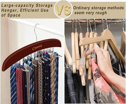 Tie Rack,24 Hook Tie Holder,360° Rotating,Foldable Metal Hooks,Tie Hanger Organizer for Closet Wooden Belt Storage Rack for Men Ties Belts Scarves Accessories(Red Brown)