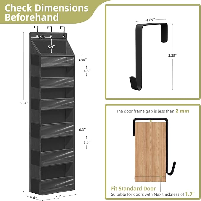Door Shoe Organizer with 6 Extra Large Pockets and 12 Side Pockets, Large Capacity Hanging Storage Organizer with Clear Window for Shoes, Diapers, Black, 6 Layers, 2-Pack