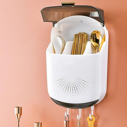 Hanging Plastic Chopstick Holder, 3 Compartments Wall Mounted Utensil Rack Draining Utensil Storage Cutlery Holder with Cover and Hook for Kitchen Countertop(White)