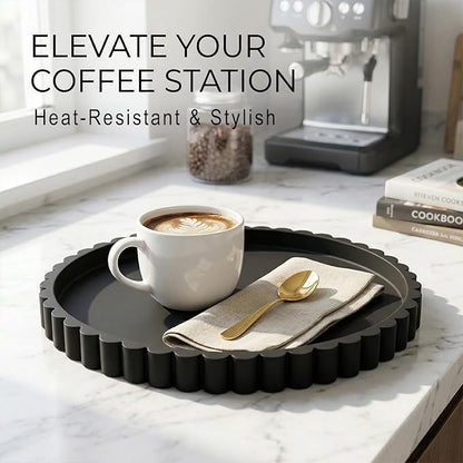 Round Silicone Bathroom Vanity Tray, Decorative Organizer for Soap, Perfume, Candle, Kitchen Countertop, Coffee Table Decor (Black, 9")