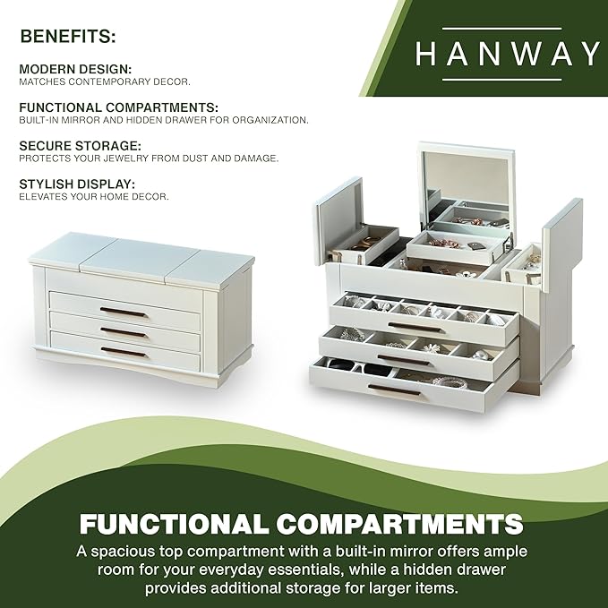 Hanway 4 Layers Wooden Jewelry Box Organizer for Women, with multiple compartments, featuring interior mirror & tray for necklaces, earrings, bracelets, glasses, and rings (white)