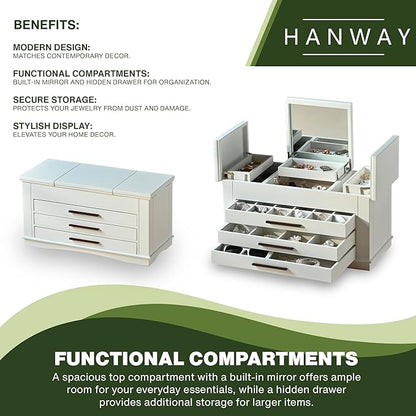 Hanway 4 Layers Wooden Jewelry Box Organizer for Women, with multiple compartments, featuring interior mirror & tray for necklaces, earrings, bracelets, glasses, and rings (white)