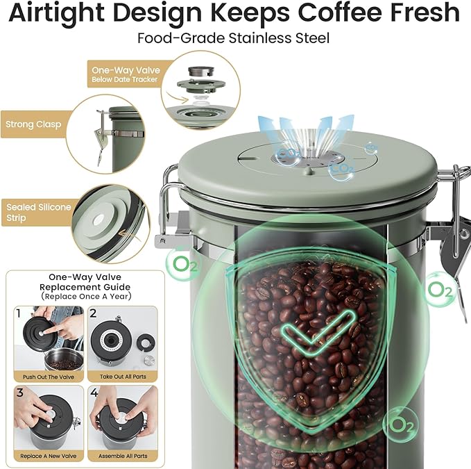 Veken Coffee Canister with Window, Airtight Stainless Steel Kitchen Food Storage Container with Lids, Date Tracker and Scoop for Grounds Coffee, Beans, Tea, Flour, Cereal, Sugar Jars, 22OZ, Green