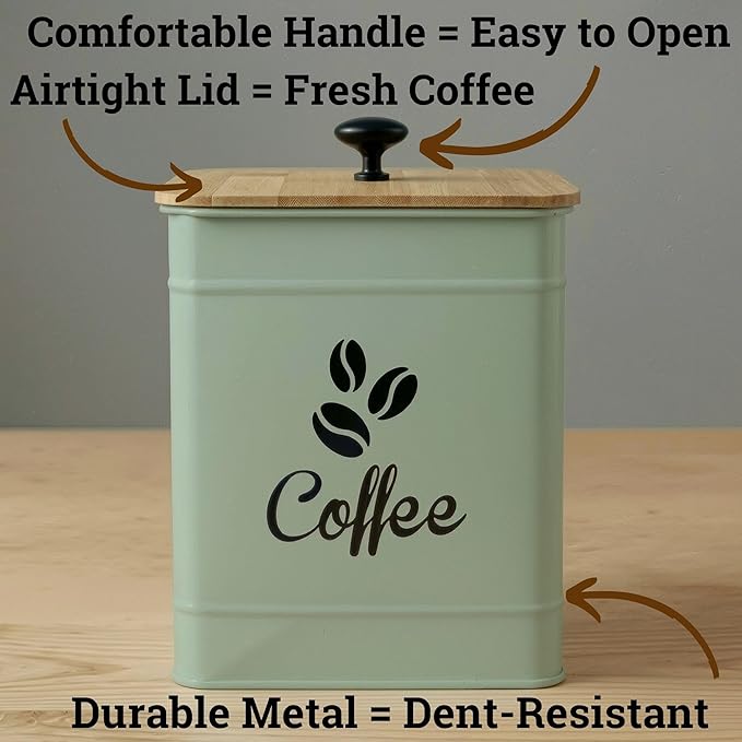 Airtight Coffee Canister - 40 oz Large Iron Sage Green Container Airtight - 6 x 8 inch Metal Jar - Stylish Countertop Container for Coffee Grounds, Beans & Pods with Rubber-Lined Bamboo Lid