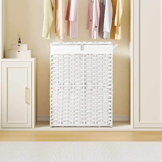 Greenstell Laundry Hamper with Lid, 90L Clothes Hamper with 2 Removable Liner Bags & 2 Mesh Laundry Bags, Handwoven Synthetic Rattan Laundry Basket for Clothes, Toys in Bathroom, Bedroom White