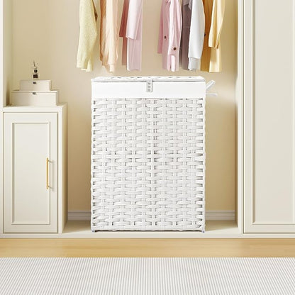 Greenstell Laundry Hamper with Lid, 90L Clothes Hamper with 2 Removable Liner Bags & 2 Mesh Laundry Bags, Handwoven Synthetic Rattan Laundry Basket for Clothes, Toys in Bathroom, Bedroom White