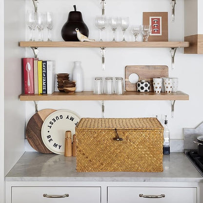 Hipiwe Wicker Shelf Baskets Bin with Lid, Handwoven Seagrass Basket Storage Bins Rectangular Household Basket Boxes for Shelf Wardrobe Home Organizer, Caramel Large