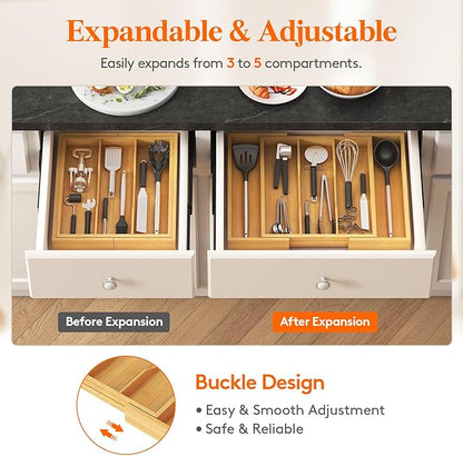 Lifewit Utensil Organizer for Kitchen Drawer, Expandable Cooking Utensil Tray, Cutlery Silverware Flatware Holder, Wood Adjustable Spatula Tools Storage Divider, 13-22x15/ 33-56x38cm, Natural