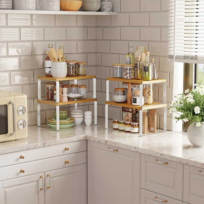 Simple Trending Bamboo Cabinet Organizer Shelf, Set of 4 Kitchen Counter Shelves, Stackable Expandable Spice Rack Pantry Cupboard Organizer, White and Natural