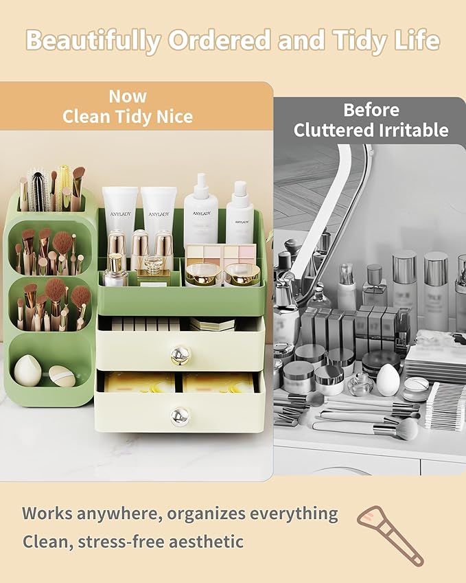 Anylady Large Capacity Makeup Organizer Countertop with Makeup Brush Holder for Vanity, Thickened Material, Bathroom Countertop Organizer Skin Care Perfumes Storage, Teen Girl Gifts for 13-25 Year