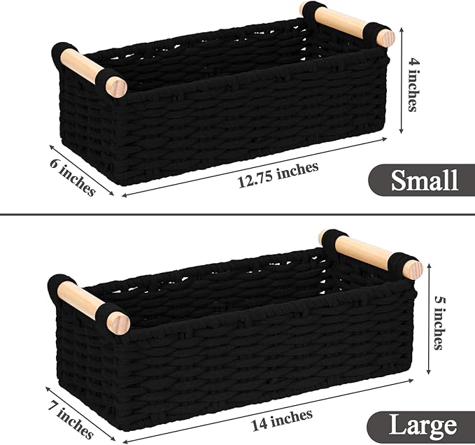 Boho Cotton Rope Storage Baskets Set of 2, Woven Wicker Organizer Bins with Wooden Handles, Small Decorative Boxes for Organizing, Toilet Paper Baskets for Bathroom Countertop, Shelves (Black 2 Pack)