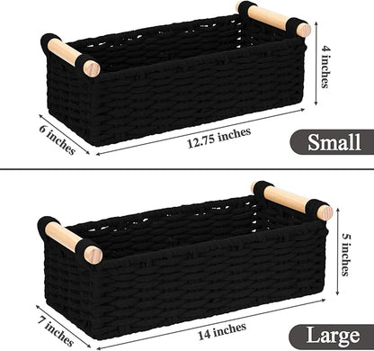 Boho Cotton Rope Storage Baskets Set of 2, Woven Wicker Organizer Bins with Wooden Handles, Small Decorative Boxes for Organizing, Toilet Paper Baskets for Bathroom Countertop, Shelves (Black 2 Pack)
