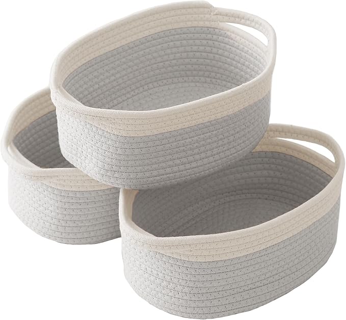 JMvicyroam Woven Basket,Small Rope Storage Bin with Handles & Ribbon Bag, Organizer for Shelves Closets,Gift Basket Empty for Birthday,Books,Dog Toys, White&Grey/3 Pack