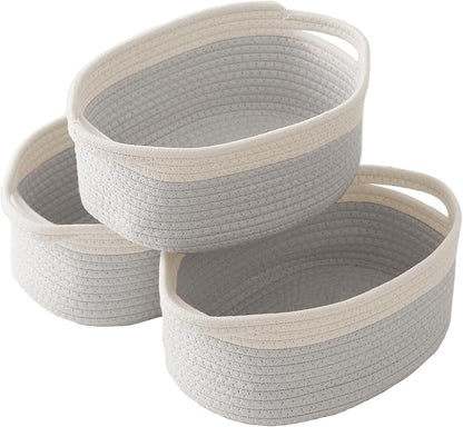 JMvicyroam Woven Basket,Small Rope Storage Bin with Handles & Ribbon Bag, Organizer for Shelves Closets,Gift Basket Empty for Birthday,Books,Dog Toys, White&Grey/3 Pack