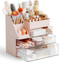 Yieach Pink Makeup Organizer Countertop With 4 Drawers,Large Cosmetics Storage Organizer for Brush,Hair Products,Plastic Makeup Holders and Beauty Skincare Organizers for Bathroom,Vanity,Dresser Top