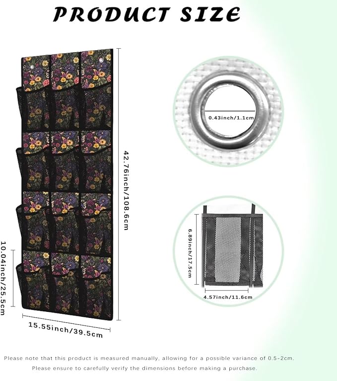 Florals Over the Door Shoe Organizer,Shoe Organizer Door Hanger with 12 Mesh Large Pockets,Space Saver,Storage for Small Spaces