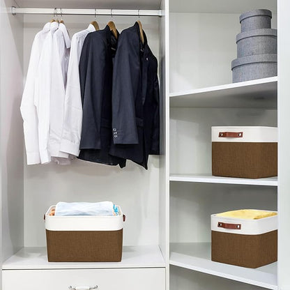 Bagnizer Storage Bins Large Fabric Storage Baskets for Shelves 3 Pack, Decorative Linen Closet Baskets with Handles for Organizing, Shelf, Clothes, Home, Office, 15x11x9.5Inches (Brown&White)