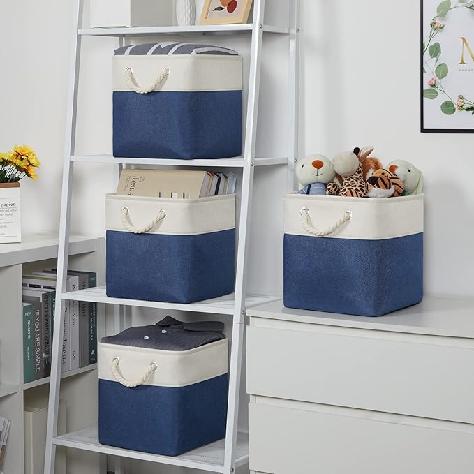 Temary Fabric Storage Cubes 11x11 Cube Storage Bins 4Pack Blue Basket for Organizing Home, Closet, Empty Gift Baskets with Handles (White&Blue)